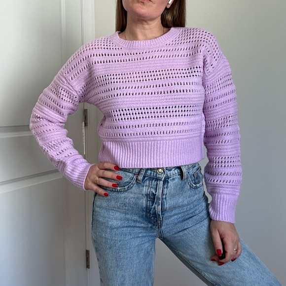 Open Stitch Cropped Crew Neck Pullover Sweater - Picture 4 of 9